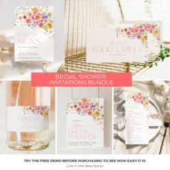 Bright Flowers Bridal Shower Bundle Template, Vivid Bridal Shower invitations template, Shower Bundle Printable Template Colorful B066