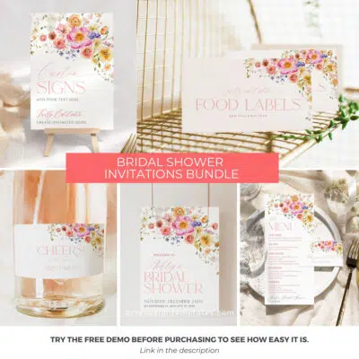 Bright Flowers Bridal Shower Bundle Template, Vivid Bridal Shower invitations template, Shower Bundle Printable Template Colorful B066