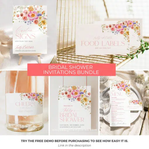 Bright Flowers Bridal Shower Bundle Template, Vivid Bridal Shower invitations template, Shower Bundle Printable Template Colorful B066