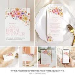 Bright Flowers Bridal Shower Bundle Template, Vivid Bridal Shower invitations template, Shower Bundle Printable Template Colorful B066