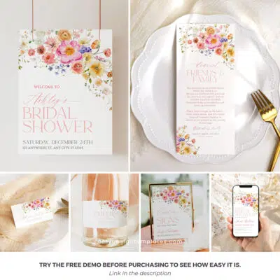 Bright Flowers Bridal Shower Bundle Template, Vivid Bridal Shower invitations template, Shower Bundle Printable Template Colorful B066