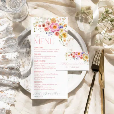 Bright Colorful Bridal Shower Menu Template, Floral Bridal Shower Menu Place Card Template, Bright Floral Place Card Editable B066