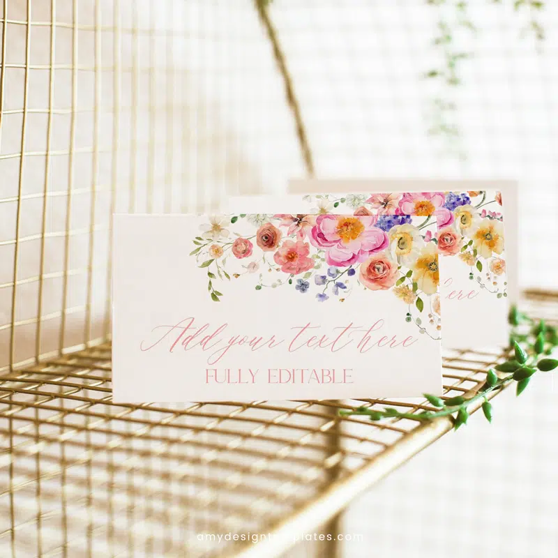 Spring Flowers Wedding Place Card Template, Colorful Floral Garden Place card printable, Editable Vivid Placecards Instant Download B066
