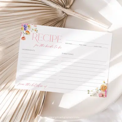 Editable Recipe Card Template, Colorful Floral Bridal Shower Brunch Recipe cards printable Bright Floral Garden B066
