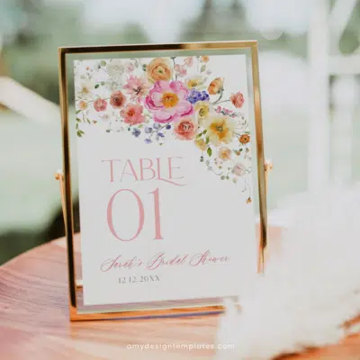 Bright Floral Table Number Sign Template, Editable Floral Custom Sign, Vivid Flowers Shower Number Sign, Personalized Sign Printable B066