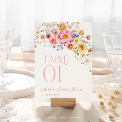 Bright Floral Table Number Sign Template, Editable Floral Custom Sign, Vivid Flowers Shower Number Sign, Personalized Sign Printable B066
