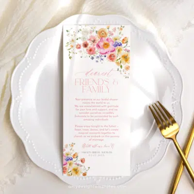 Wedding Thank You Napkin Note Template, Bright Flowers Shower Table Thank You Template, Vivid Floral Place Setting Thank You B066