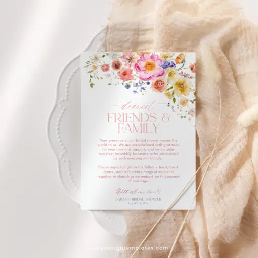 Wedding Thank You Napkin Note Template, Bright Flowers Shower Table Thank You Template, Vivid Floral Place Setting Thank You B066