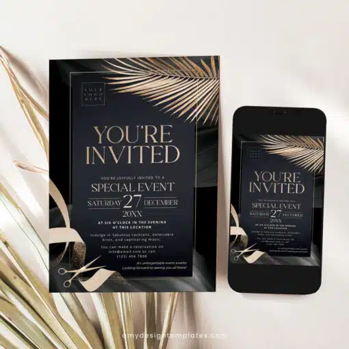 Grand Opening Invitation Template | Gold Business Invitation | Editable Corporate Party Invite