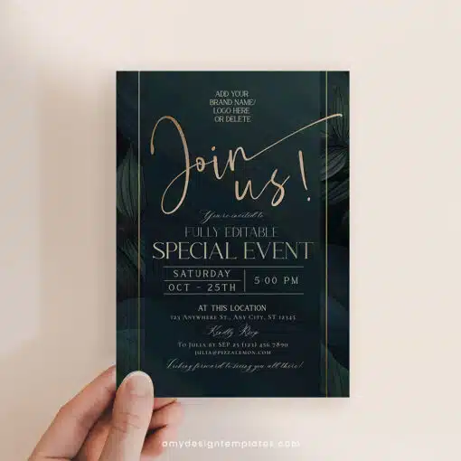 Emerald Business Invitation Template | Editable Greenery Corporate & Dinner Party Invite