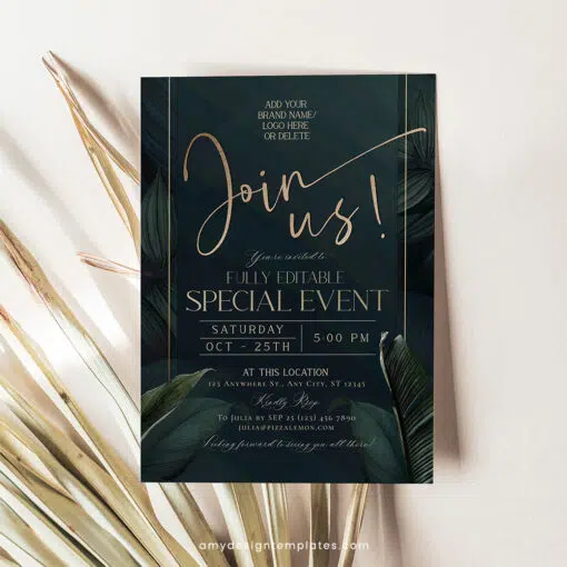 Emerald Business Invitation Template | Editable Greenery Corporate & Dinner Party Invite