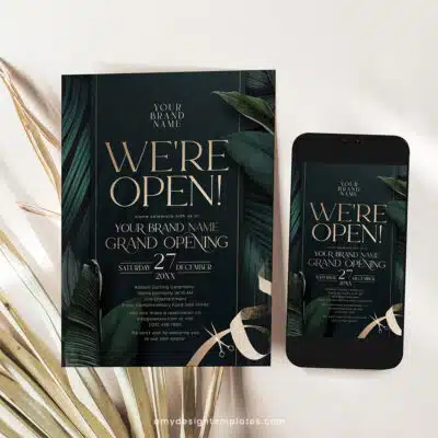 Emerald Grand Opening Invitation | Editable Green & Gold Business Launch Invite