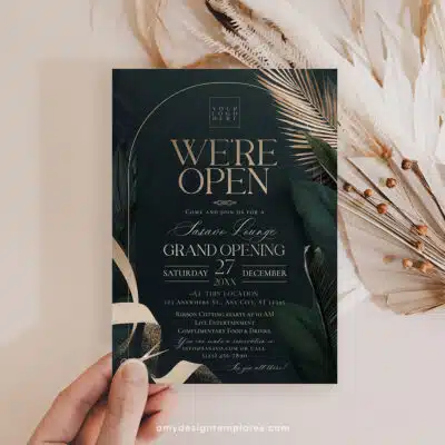 Greenery Gold Grand Opening Invitation | Editable Emerald Business & Launch Party Invite
