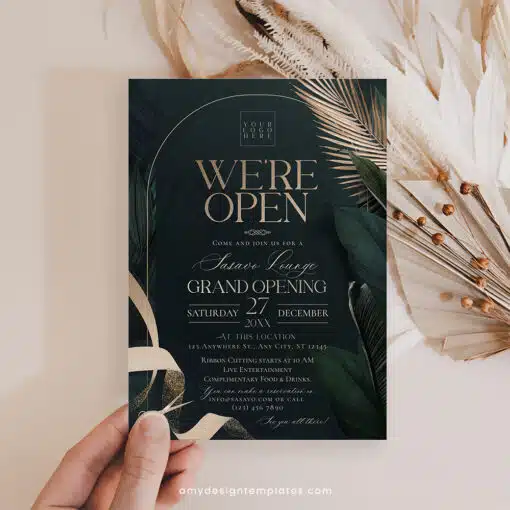 Greenery Gold Grand Opening Invitation | Editable Emerald Business & Launch Party Invite