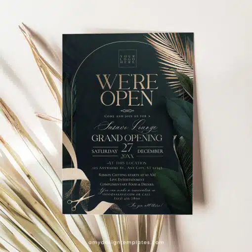 Greenery Gold Grand Opening Invitation | Editable Emerald Business & Launch Party Invite