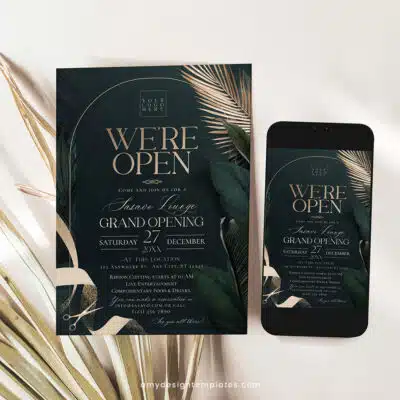 Greenery Gold Grand Opening Invitation | Editable Emerald Business & Launch Party Invite