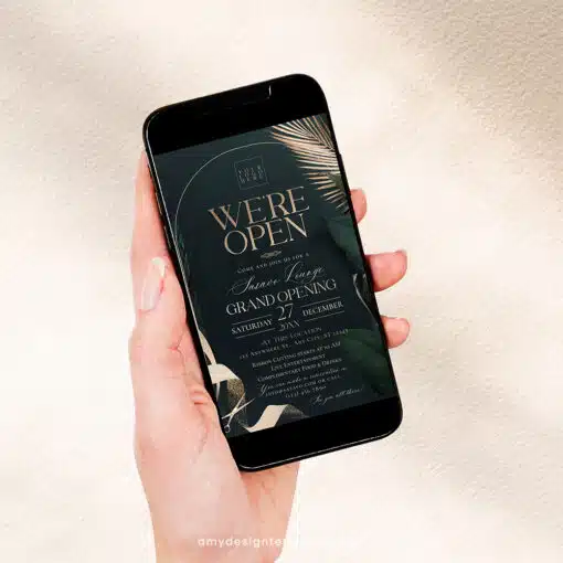 Greenery Gold Grand Opening Invitation | Editable Emerald Business & Launch Party Invite