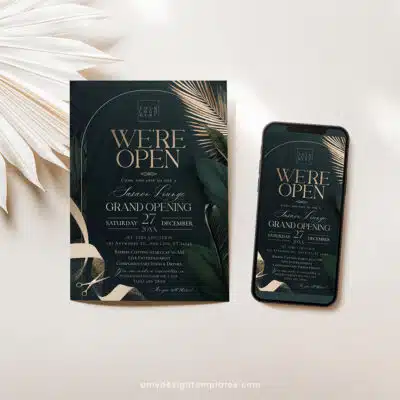 Greenery Gold Grand Opening Invitation | Editable Emerald Business & Launch Party Invite