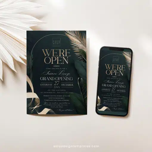 Greenery Gold Grand Opening Invitation | Editable Emerald Business & Launch Party Invite