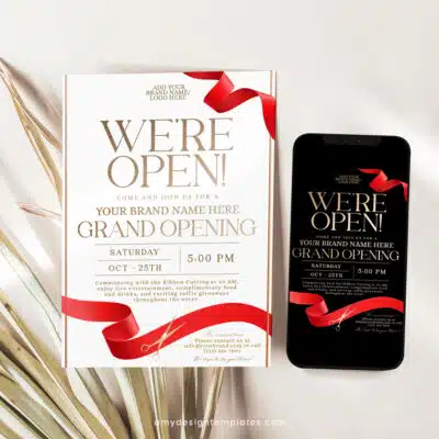 Minimalist Grand Opening Flyer | Black & White Editable Ribbon Cutting Invitation