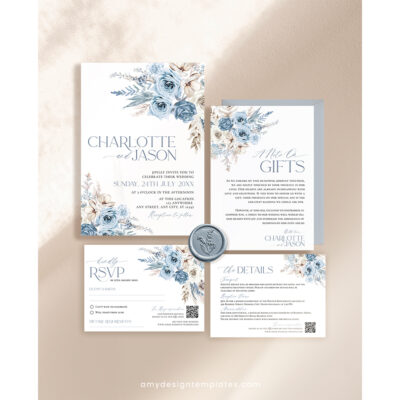 Boho Wedding Invitation Template, Blue Wedding Suite D010 Dusty blue wedding invitation card template with floral accents, printable
