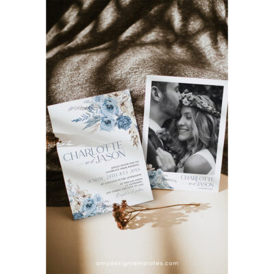 Boho Wedding Invitation Template, Blue Wedding Suite D010 Boho wedding invitation card with photo and floral design, editable template