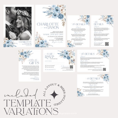 Boho Wedding Invitation Template, Blue Wedding Suite D010 Boho Fall Wedding Invitation Suite | Editable Blue Wedding Template with Photo & QR Code