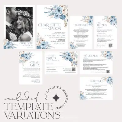Boho Fall Wedding Invitation Suite | Editable Blue Wedding Template with Photo & QR Code