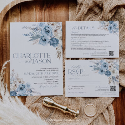 Boho Wedding Invitation Template, Blue Wedding Suite D010 Dusty blue boho wedding invitation with pampas grass and floral accents