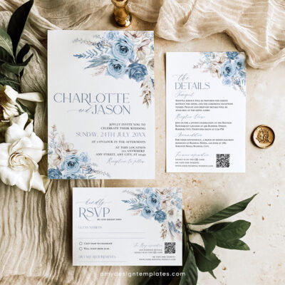 Boho Wedding Invitation Template, Blue Wedding Suite D010 Boho Fall Wedding Invitation Suite | Editable Blue Wedding Template with Photo & QR Code