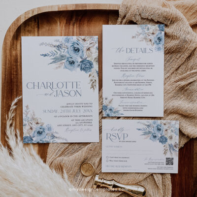 Boho Wedding Invitation Template, Blue Wedding Suite D010 Boho blue wedding invitation template with pampas grass and floral elements