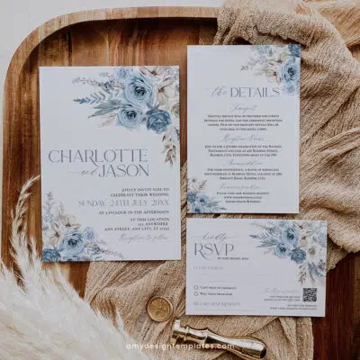 Boho blue wedding invitation template with pampas grass and floral elements