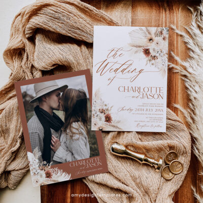 Rustic wedding invitation card in boho style with pampas grass, earthy tones, and modern typography. Fully editable and printable.