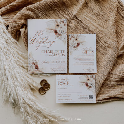 Boho wedding invitation suite template featuring earthy tones, pampas grass, dried florals, modern script fonts, and bohemian design elements.