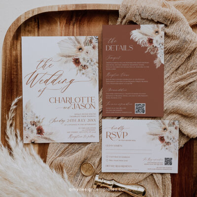 Boho rustic wedding invitation template with pampas grass, dried florals, terracotta accents, neutral tones, and elegant script fonts.