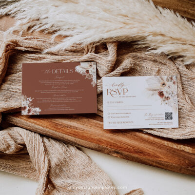 Boho RSVP enclosure card with rustic design and integrated QR code for easy wedding responses. Fully editable and printable.