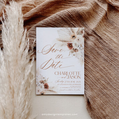 Boho Save the Date card featuring terracotta tones, pampas grass, and elegant typography. Fully editable and printable for rustic weddings.