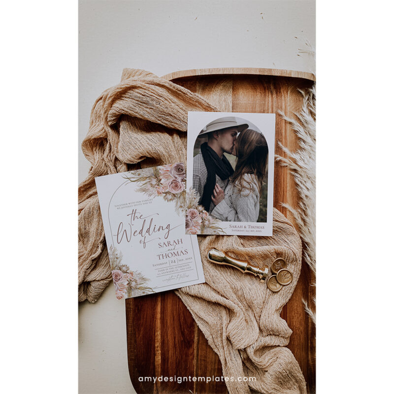 Pink Boho Wedding Invitation Template, Mauve Wedding Suite Editable Editable bohemian wedding invitation card with pampas grass and floral elements Mauve Pink