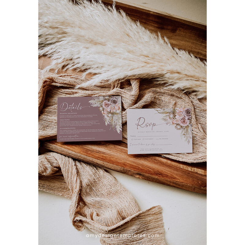 Pink Boho Wedding Invitation Template, Mauve Wedding Suite Editable Pink boho wedding RSVP enclosure card template with pampas grass and flowers