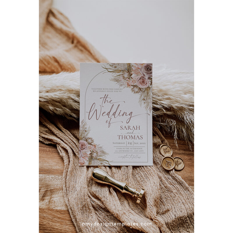 Pink Boho Wedding Invitation Template, Mauve Wedding Suite Editable Editable mauve pink boho wedding invitation card with pampas grass and florals