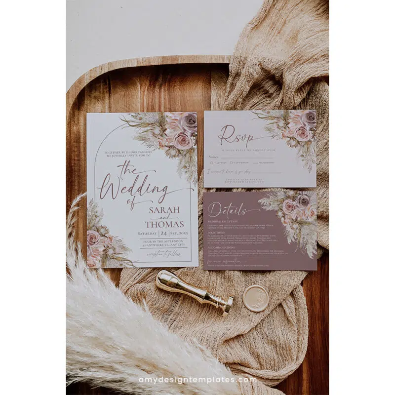 Editable mauve pink boho wedding invitation suite with pampas grass and florals