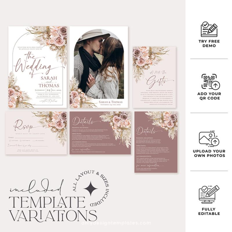 Pink Boho Wedding Invitation Template, Mauve Wedding Suite Editable Mauve Boho Wedding Invitation Suite | Editable Blush Pink Pampas Template