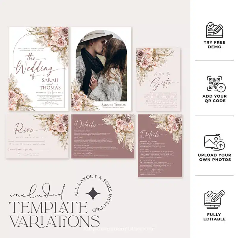 Mauve Boho Wedding Invitation Suite | Editable Blush Pink Pampas Template