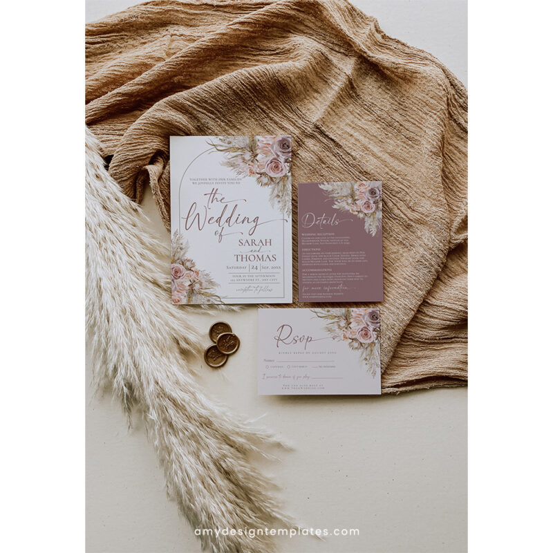 Pink Boho Wedding Invitation Template, Mauve Wedding Suite Editable Pink bohemian boho wedding invitation template editable design