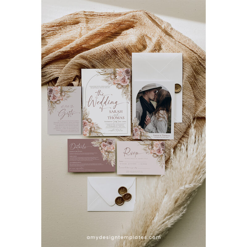 Pink Boho Wedding Invitation Template, Mauve Wedding Suite Editable Editable Pink Boho Wedding Invitation with Pampas Grass and Mauve Flowers – Template D012