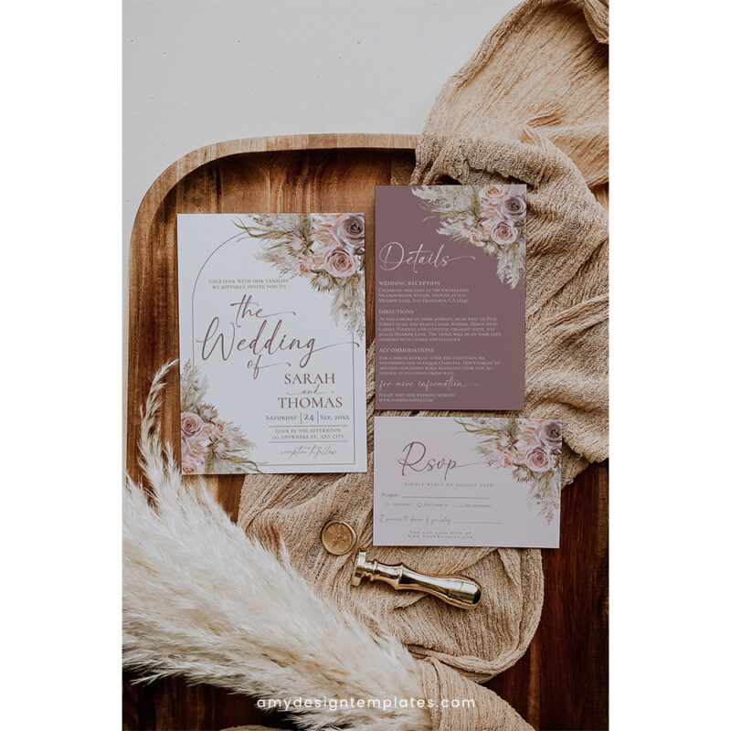 Pink Boho Wedding Invitation Template, Mauve Wedding Suite Editable Mauve Boho Wedding Invitation Suite | Editable Blush Pink Pampas Template