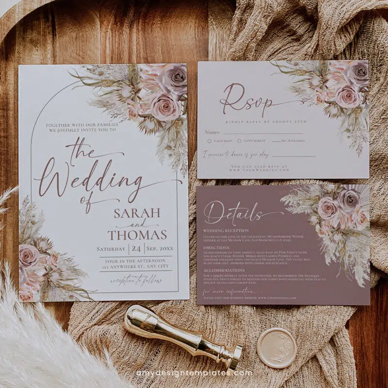 Editable Pink Boho Wedding Invitation with Pampas Grass and Mauve Flowers – Template D012