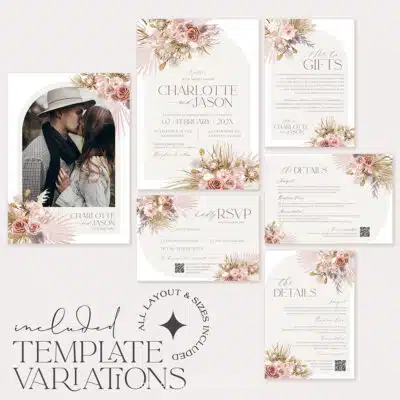 Boho wedding invitation suite in blush pink and dusty rose with pampas grass, editable template including RSVP, details, save the date, and thank you card.