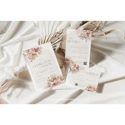 Editable dusty rose boho wedding invite template with blush pink flowers