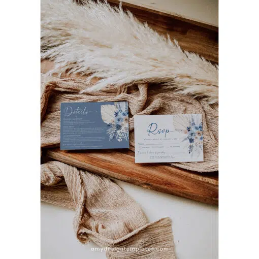 Boho floral enclosure card template with pampas grass and dusty blue roses